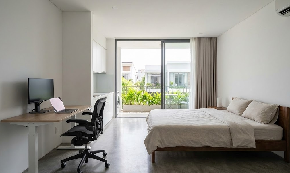 Modern studio apartment interior in Da Nang An Thuong area with ergonomic workspace.