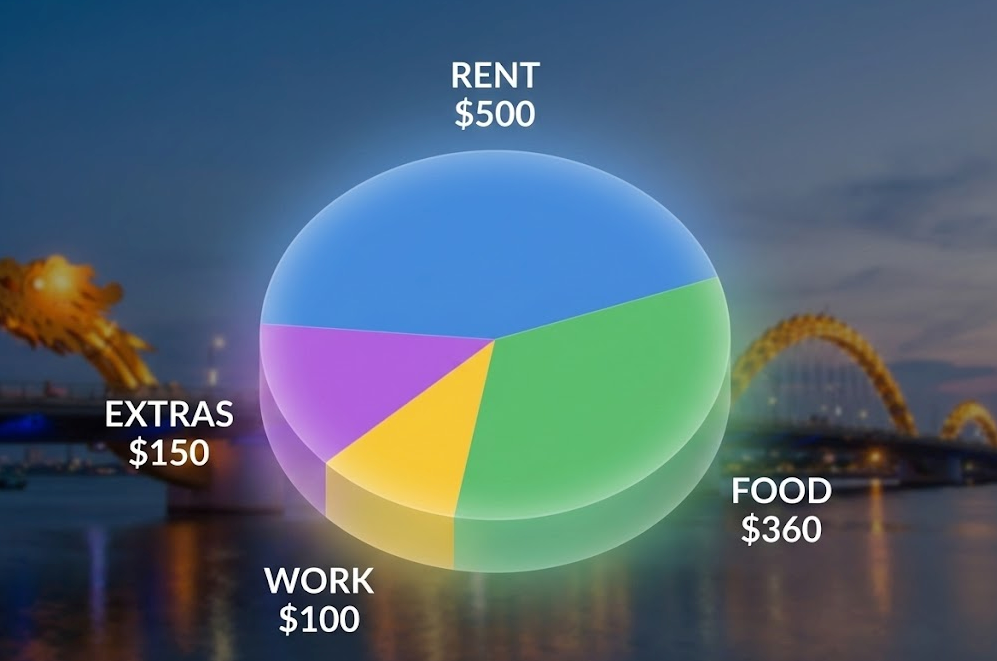 messy text, illegible charts, flat 2d. Alt Text: Monthly cost of living breakdown chart for Da Nang digital nomads 2026.