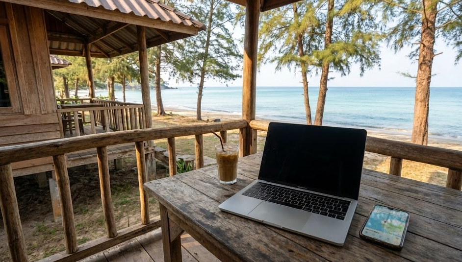 Digital nomad workspace on a quiet beach in Koh Lanta with strong internet signal.