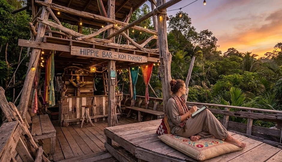 Creative digital nomad working at the unique driftwood Hippie Bar in Koh Phayam.