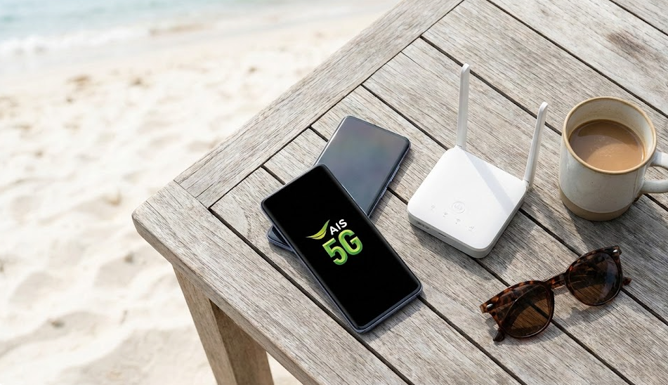 Essential internet gear for digital nomads in Thailand: AIS Sim card and travel router.