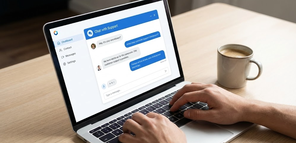 Chat-based customer support dashboard interface for non-phone remote jobs.
