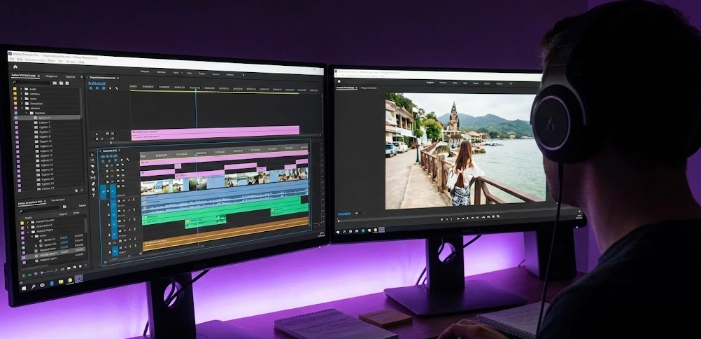 Video editor working on timeline in a home office setup.