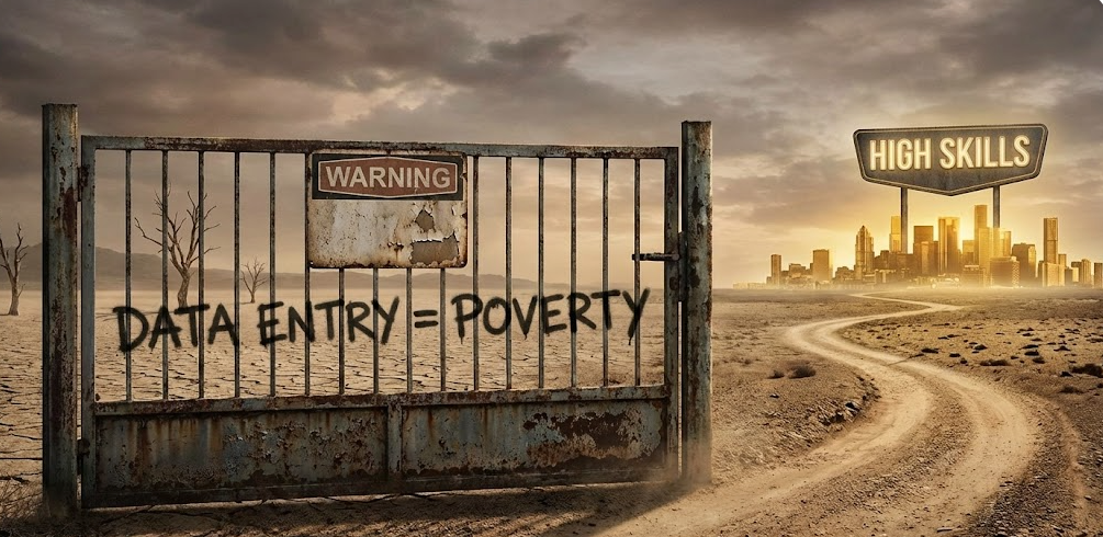 Warning concept art against low-paying data entry jobs.