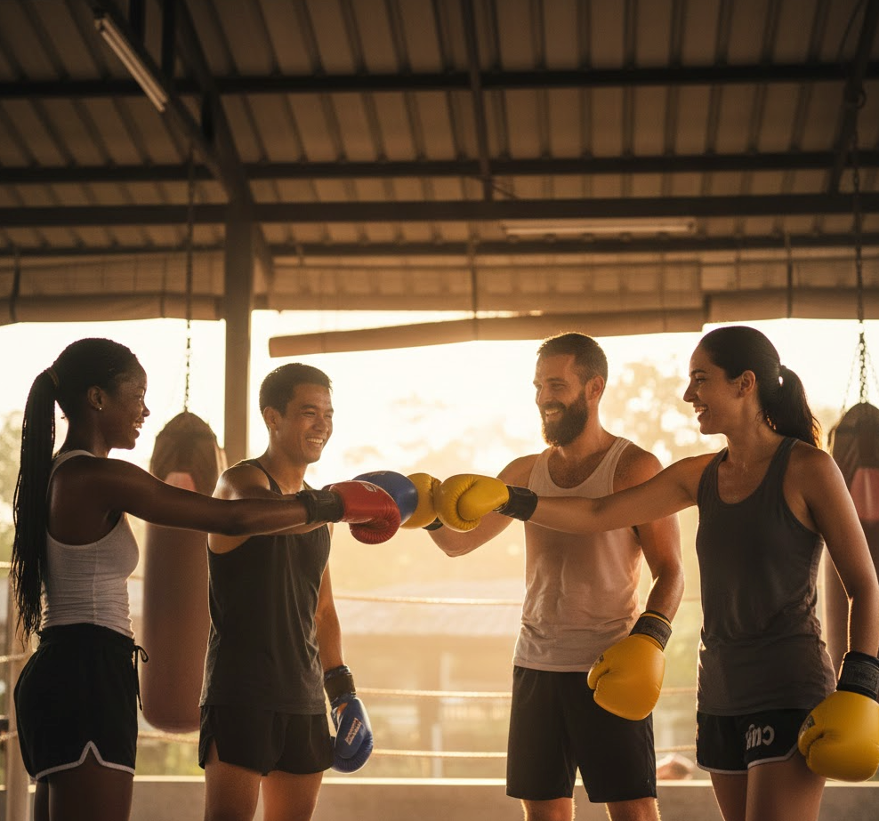Digital nomads bonding through Muay Thai training in Thailand.