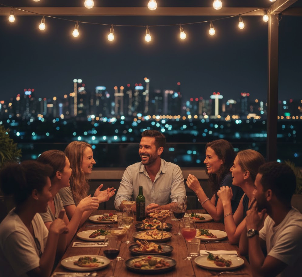 Hosting a networking dinner for digital nomads to build community.