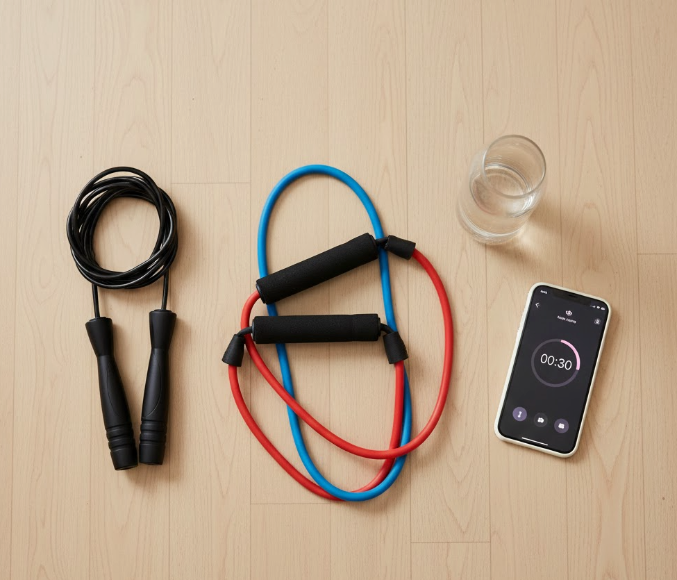 Essential minimalist workout gear for digital nomads: resistance bands and jump rope.