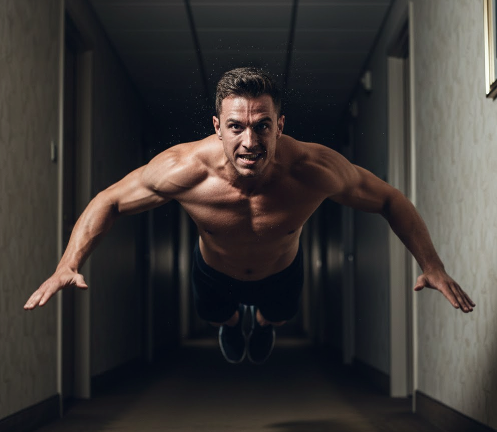 High intensity burpee exercise in a hotel room for travel fitness.