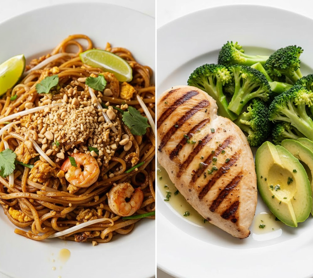 Healthy protein meal vs unhealthy carb meal for digital nomads.