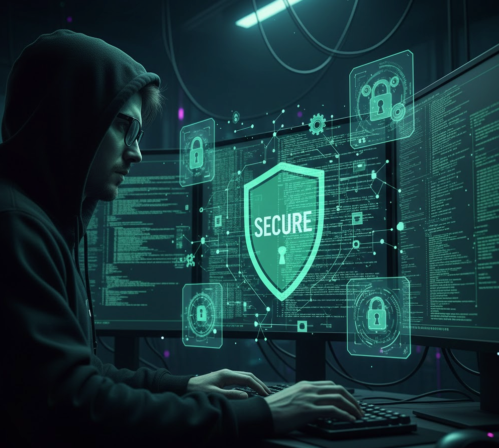 Remote cybersecurity analyst protecting network data.