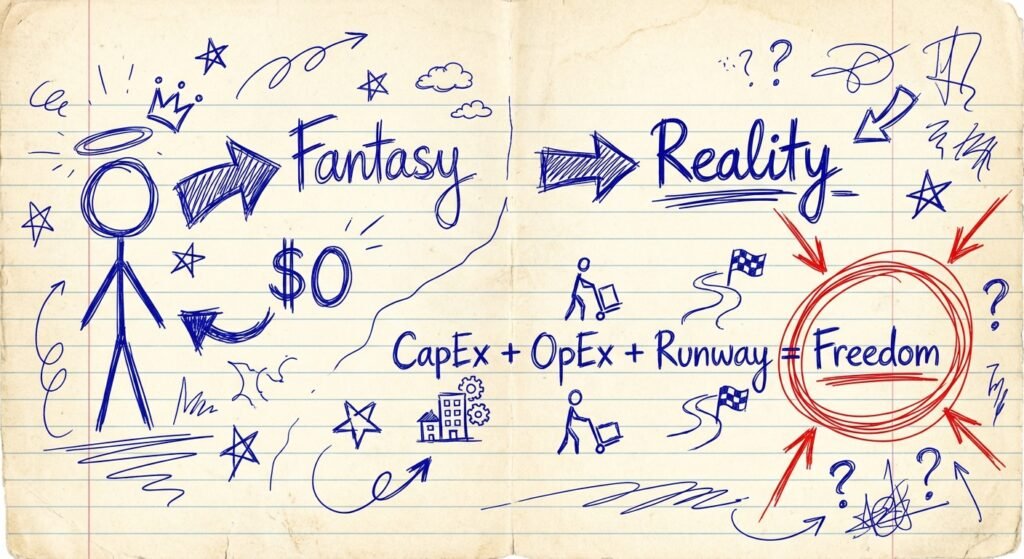 Hand-drawn diagram on lined paper comparing the fantasy of zero-cost travel vs the reality of calculating expenses for digital nomads.