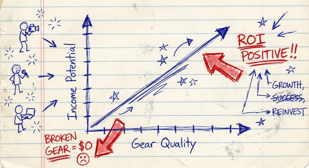 Hand-drawn graph on notebook paper showing the relationship between high-quality gear and increased income potential for digital nomads.