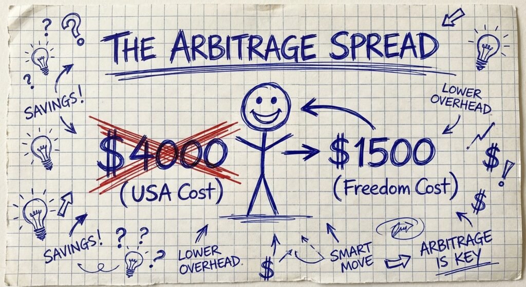 Handwritten infographic on graph paper showing the cost difference between living in the USA versus a digital nomad hub.