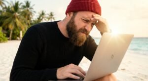 Frustrated digital nomad sitting on a beach struggling with laptop screen glare in the sun.