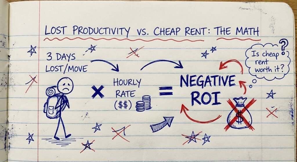 IMAGE 1: Overall Design Settings: Tone: Creative, Rough, Personal, Brainstorming, Authentic. Visual Identity: Background Color: Lined Notebook Paper, or Graph Paper. Text Color: #0000CD (Blue Ballpoint ink) Accent Color: #FF0000 (Red correction ink), #FFFFFF (Paper) Image Style: Features: Drawn on Lined Paper, Casual Handwritten Aesthetic. Imagery: Stick Figures, Stars, Arrows. Composition: Marginalia Style, Free Form, Brainstorming Style. Typography: Heading: Handwritten Font. Style: Messy, Scribbled, Underlined., representing the exact math calculation of Lost Productivity versus Cheap Rent, showing 3 days lost per move multiplied by hourly rate equals negative ROI, professional tech editorial style.