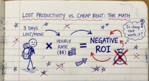 IMAGE 1: Overall Design Settings: Tone: Creative, Rough, Personal, Brainstorming, Authentic. Visual Identity: Background Color: Lined Notebook Paper, or Graph Paper. Text Color: #0000CD (Blue Ballpoint ink) Accent Color: #FF0000 (Red correction ink), #FFFFFF (Paper) Image Style: Features: Drawn on Lined Paper, Casual Handwritten Aesthetic. Imagery: Stick Figures, Stars, Arrows. Composition: Marginalia Style, Free Form, Brainstorming Style. Typography: Heading: Handwritten Font. Style: Messy, Scribbled, Underlined., representing the exact math calculation of Lost Productivity versus Cheap Rent, showing 3 days lost per move multiplied by hourly rate equals negative ROI, professional tech editorial style.