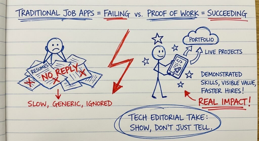 Hand-drawn diagram on lined paper showing the failure of traditional job applications versus the success of proof of work.