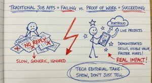 Hand-drawn diagram on lined paper showing the failure of traditional job applications versus the success of proof of work.