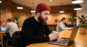 Focused digital nomad working intensely on a laptop in a modern co-working space, ignoring the beach myth.