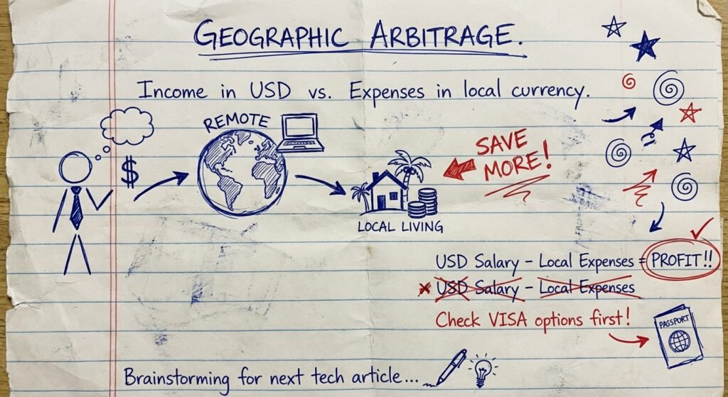 Handwritten chart showing geographic arbitrage and earning in US dollars versus spending locally