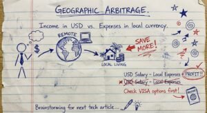 Handwritten chart showing geographic arbitrage and earning in US dollars versus spending locally