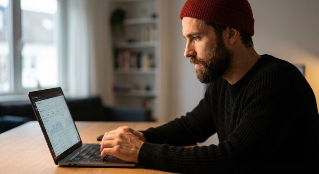 A focused man analyzing travel budget data on his laptop to present to his partner.