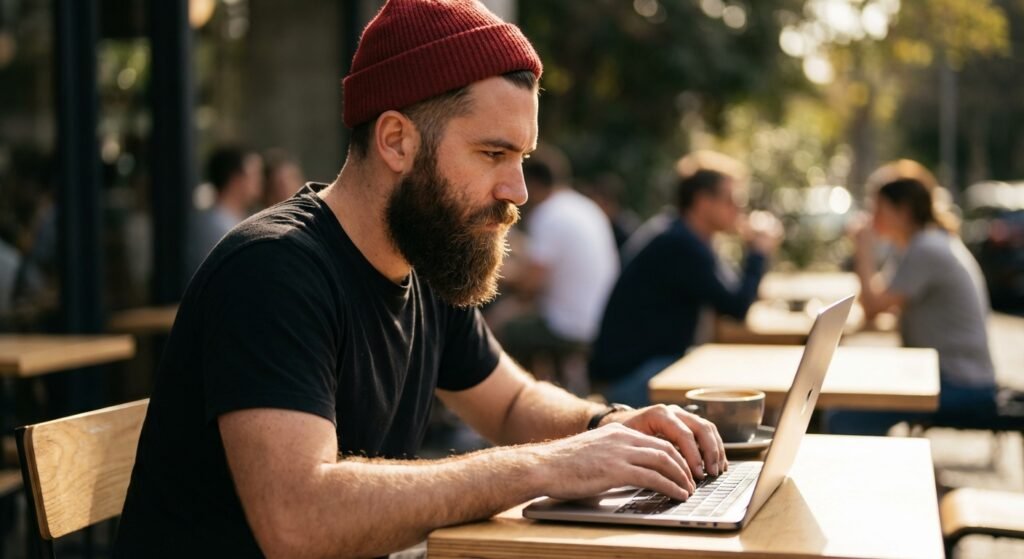 Confident digital nomad father working on a laptop at a minimalist outdoor cafe.