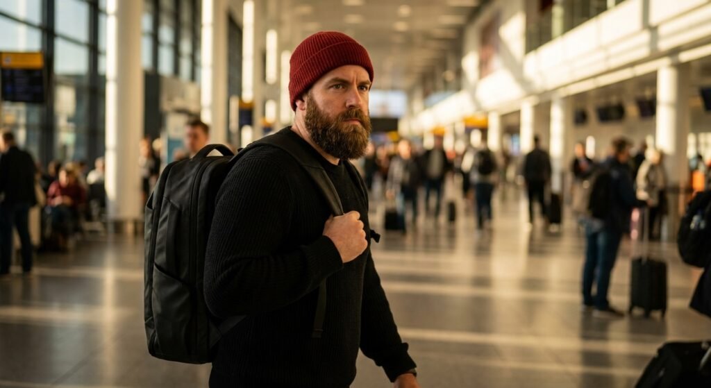 Male traveler wearing a red beanie and black sweater confidently walking through an airport with one carry-on backpack.