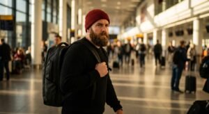 Male traveler wearing a red beanie and black sweater confidently walking through an airport with one carry-on backpack.