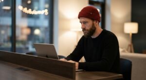 Focused digital nomad working on laptop at premium desk in Bali coliving space