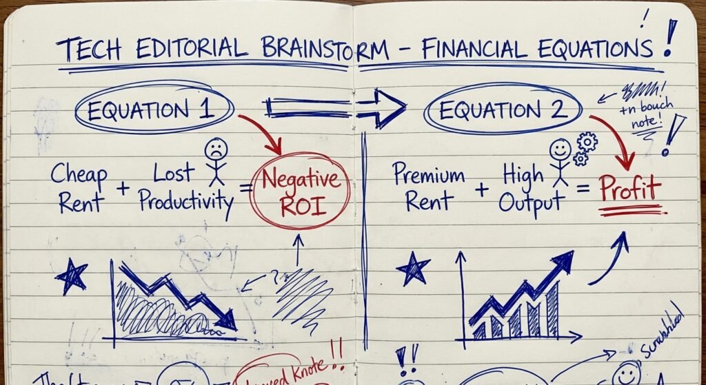 Handwritten diagram on lined paper showing the real cost of cheap coliving and lost productivity versus high output.