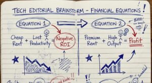 Handwritten diagram on lined paper showing the real cost of cheap coliving and lost productivity versus high output.