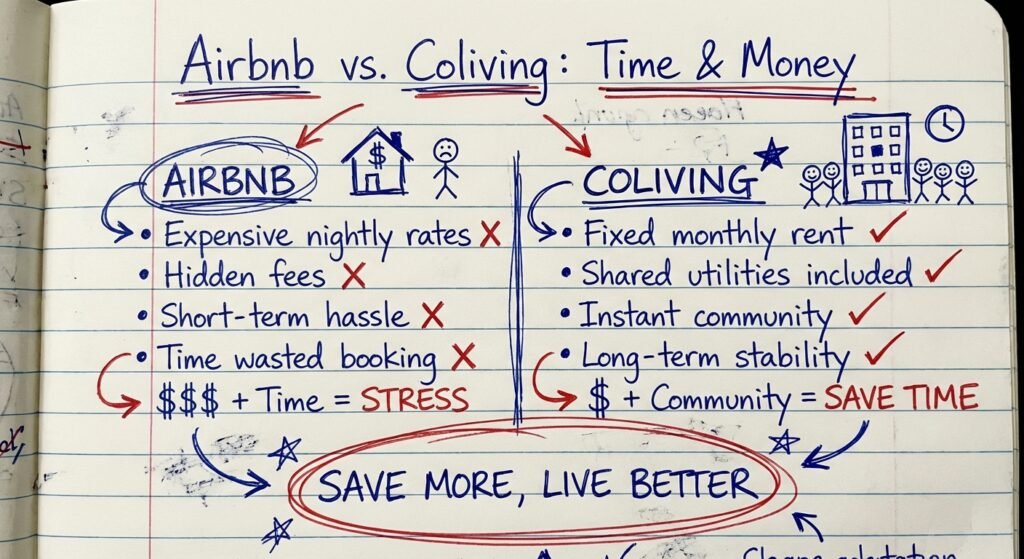 A handwritten note on lined paper comparing the ROI and costs of an Airbnb versus a coliving space in Mexico City.