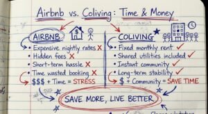 A handwritten note on lined paper comparing the ROI and costs of an Airbnb versus a coliving space in Mexico City.