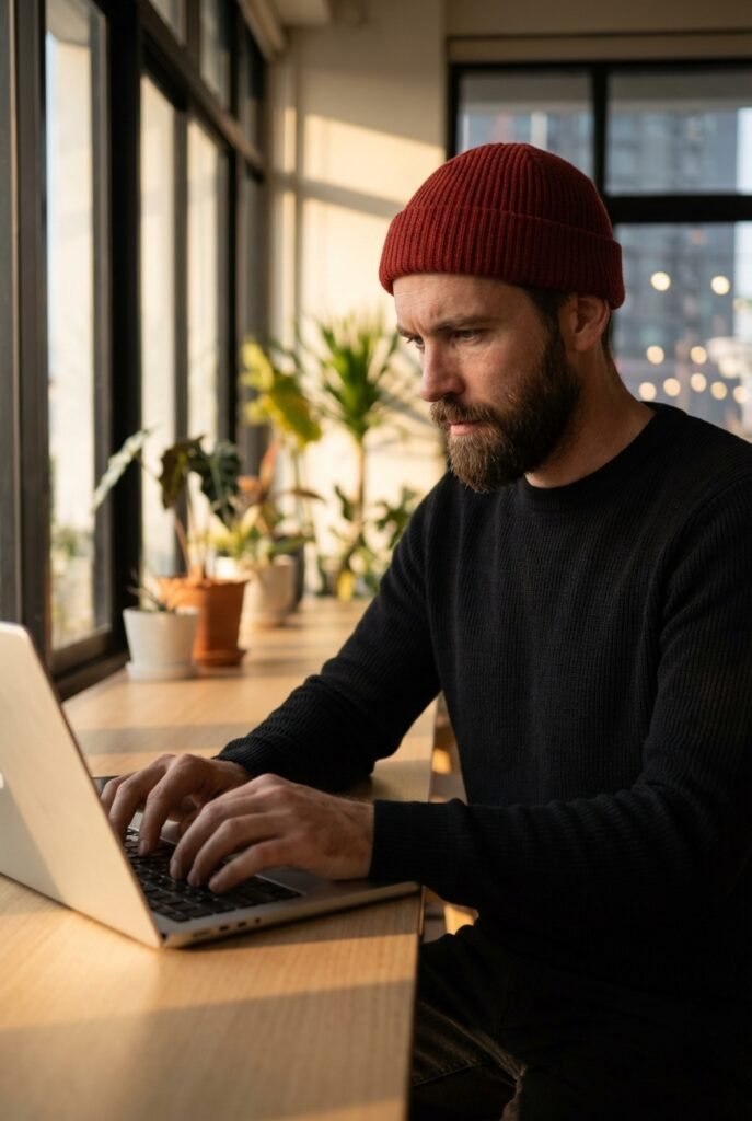 Entrepreneur working intensely on a laptop at a premium coliving space in Chiang Mai.
