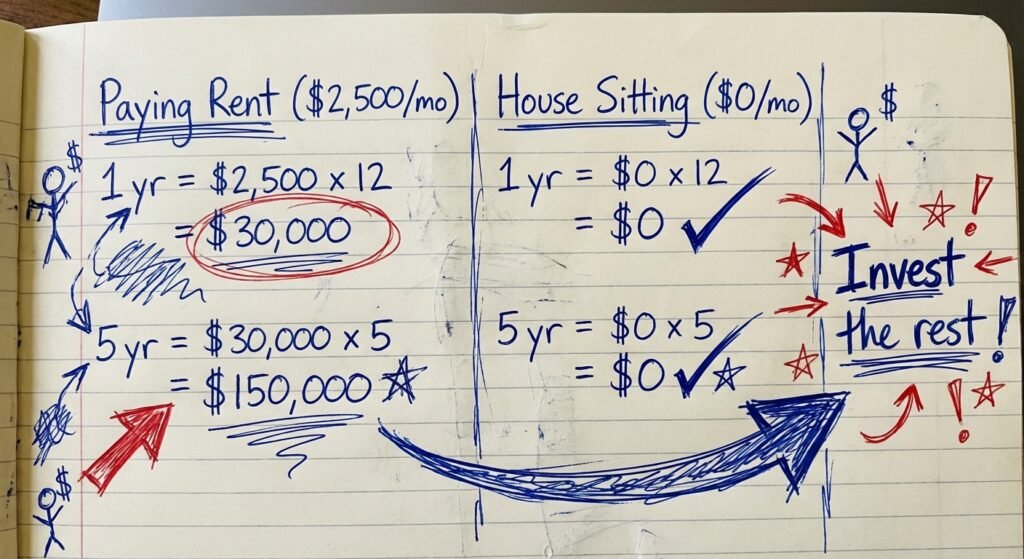 Hand-drawn infographic on lined paper showing the financial math of paying rent versus house sitting for digital nomads.