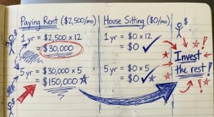 Hand-drawn infographic on lined paper showing the financial math of paying rent versus house sitting for digital nomads.
