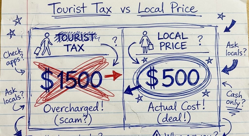 Handwritten infographic showing the cost difference between tourist apartment prices and local rent prices in Eastern Europe.