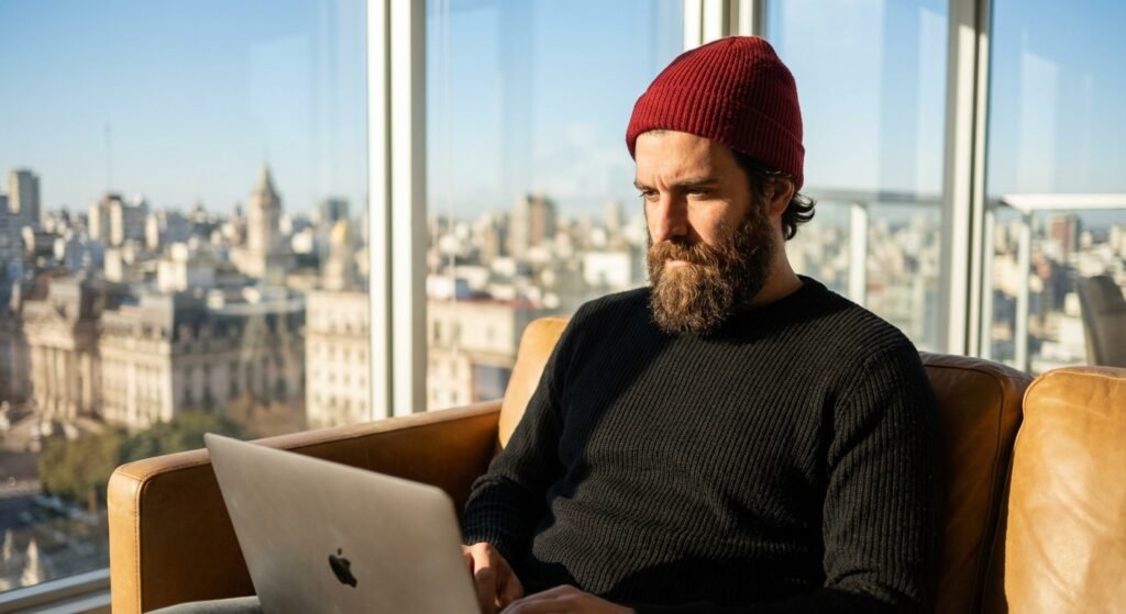 Digital nomad working efficiently on a laptop in a bright modern apartment.