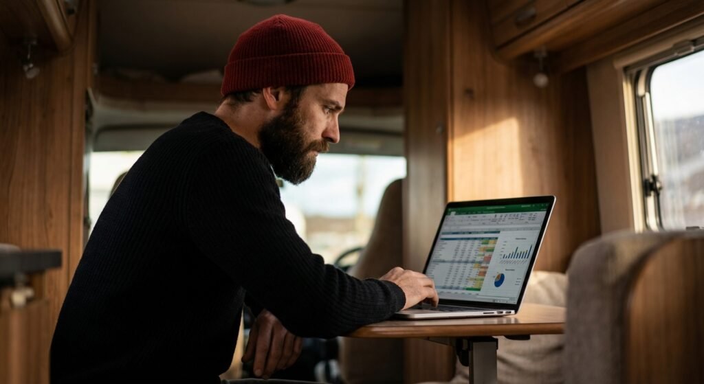 Remote worker analyzing van life expenses on a spreadsheet