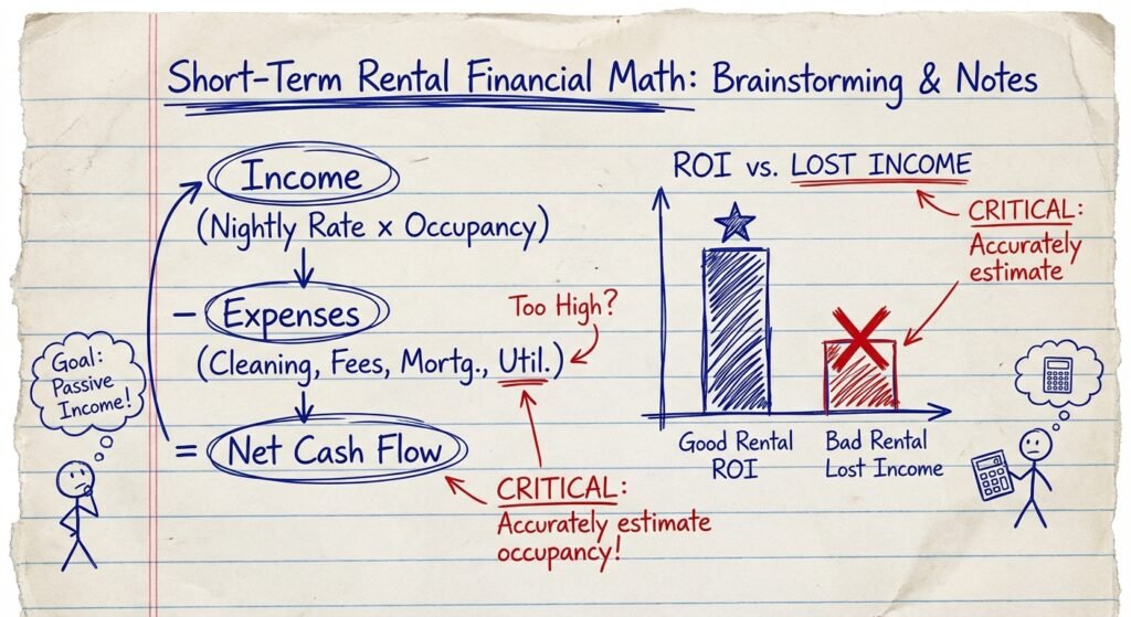 Handwritten chart on lined paper showing the financial ROI of booking a good short-term rental versus losing money on a bad one.